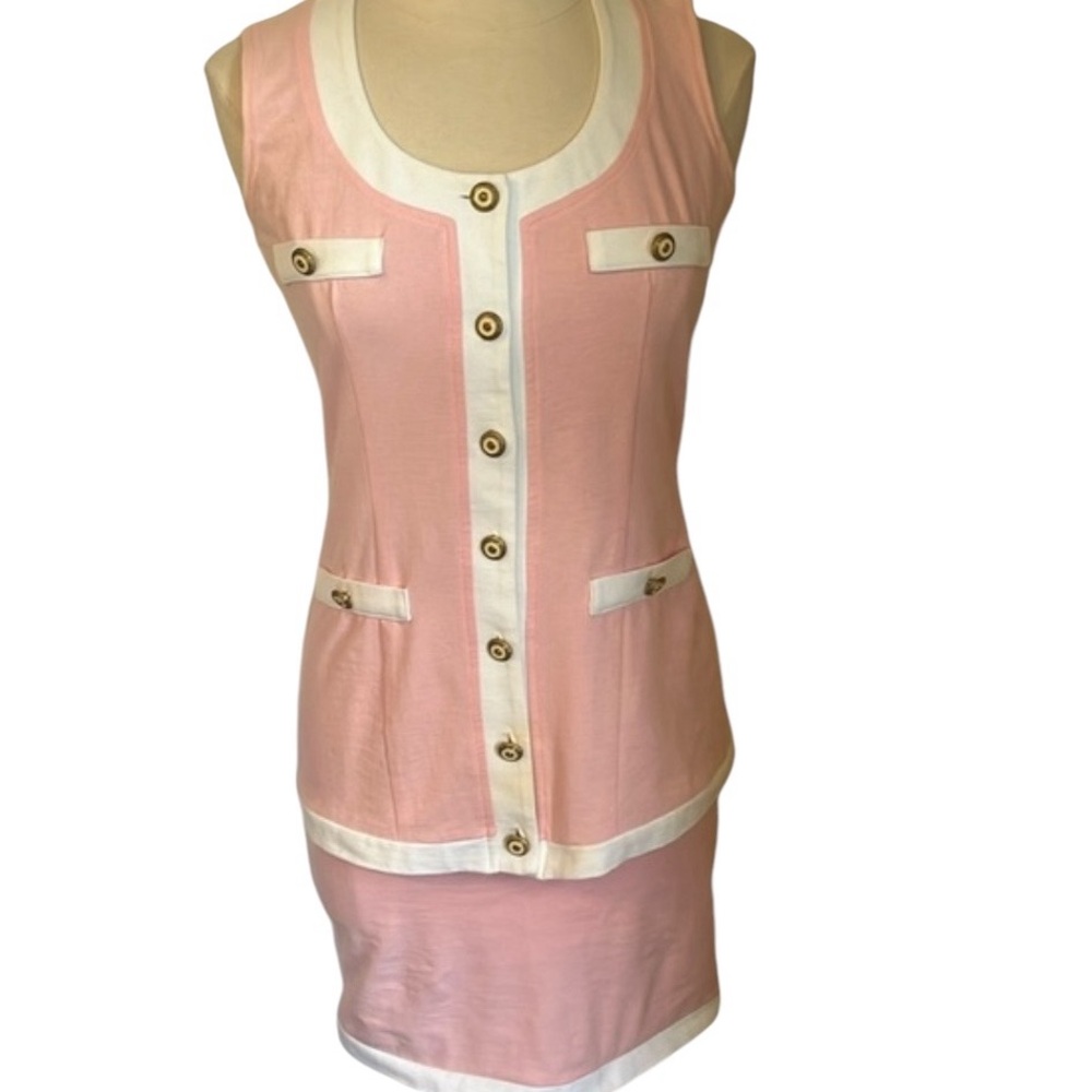 Moda INT’L Pink & White top & skirt Set Jackie O style decortive Buttons Size XS